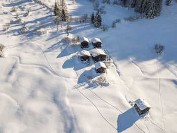 High angle view of snow covered field