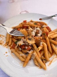 A pasta dish with meat and mushrooms