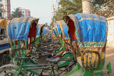 Stack of rickshaws, a kind of vehicle 