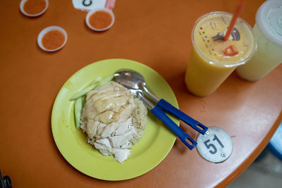 High angle view of meal served on table