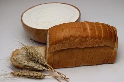 High angle view of bread in bowl on table