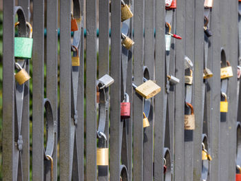 Full frame shot of padlocks hanging in city