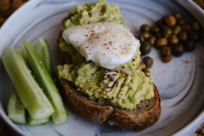 High angle view of breakfast served in plate