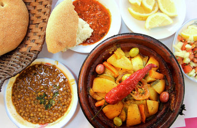 High angle view of breakfast served on table