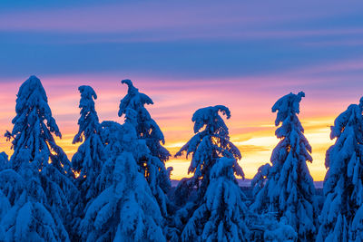 Panoramic view of snow covered land against sky during sunset