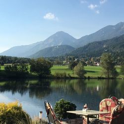 Scenic view of lake and mountains against sky