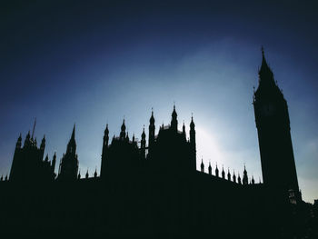 Low angle view of silhouette buildings against sky