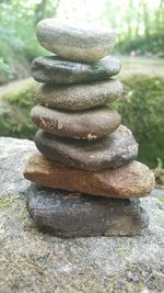 Close-up of stone stack on rock