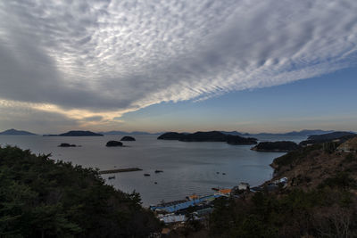 High angle view of bay against sky at sunset