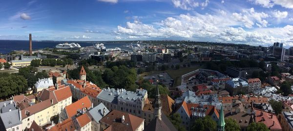 High angle shot of townscape against sky