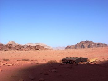 Scenic view of desert against clear blue sky