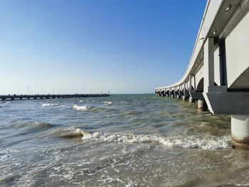 Scenic view of sea against clear blue sky