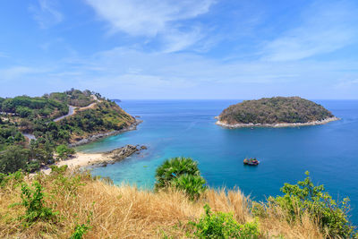 Scenic view of bay against sky