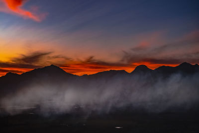 Scenic view of mountains against sky during sunset 