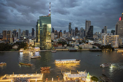 High angle view of city at night