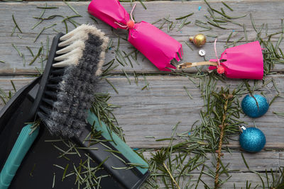 High angle view of christmas decorations on table