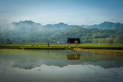 Scenic view of lake by mountains against sky