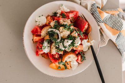 Italian pancanella salad in deep plate. fresh heirloom tomatoes. red wine in glass.