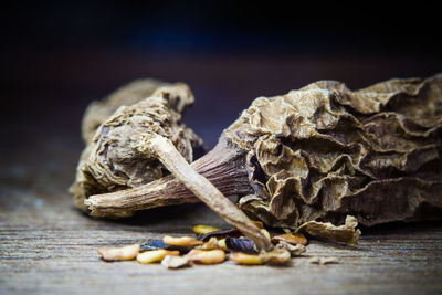 Close-up of dried food on table