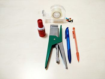 High angle view of various bottles on table