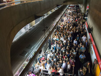 High angle view of people on escalator