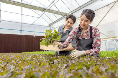 Full length of a woman working in greenhouse