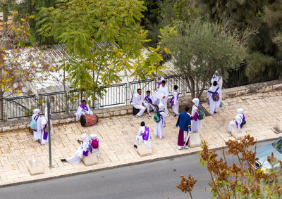 High angle view of people walking on plants