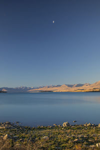 Scenic view of lake against clear blue sky