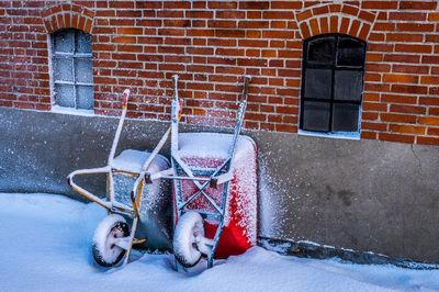 Two wheelbarrows with rime frost and snow, denmark