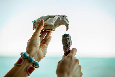 Close-up of hand holding sea against sky