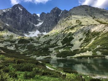 Scenic view of lake and mountains against sky