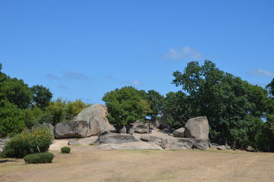 Scenic view of rocks against clear blue sky