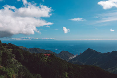 Scenic view of sea and mountains against sky