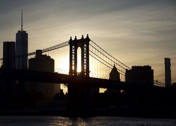 View of suspension bridge in city at sunset