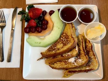 High angle view of dessert in plate on table