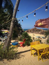 Chairs and palm trees on beach against sky