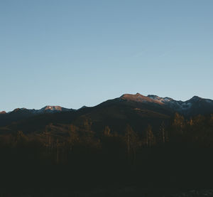 Scenic view of mountains against clear blue sky