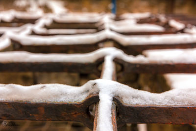 Close-up of icicles on railing