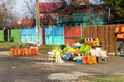 Multi colored chairs and plants in front of building