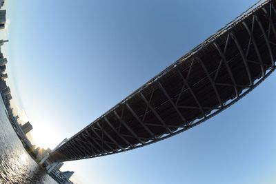 Low angle view of suspension bridge against clear sky