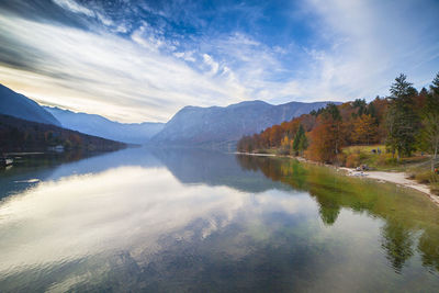 Scenic view of lake against cloudy sky