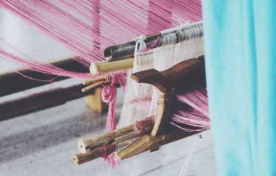 Close-up of clothes hanging on wall