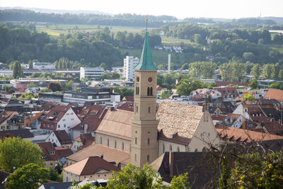 High angle view of townscape against mountain