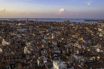 Aerial panoramic view of venice and the lagoon from the top of campanile di san marco