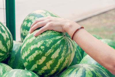 Close-up of woman hand holding pumpkin