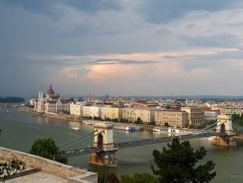 Bridge over river in city against cloudy sky