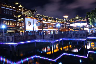 Illuminated city god temple over lake at night