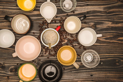 High angle view of tea cups on table