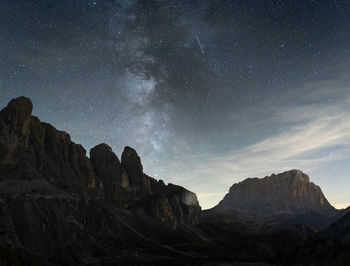Night sky full of stars and milky way over desert like alpine landscape with prominent peaks, italy