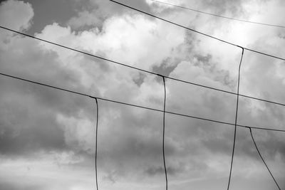 Low angle view of electricity pylon against cloudy sky